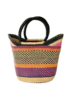 Hand Woven Tote Basket with Leather Handle