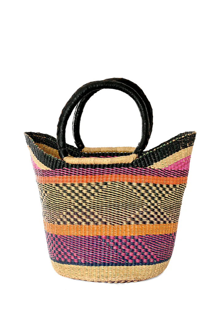 Hand Woven Tote Basket with Leather Handle