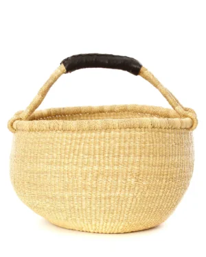 Khaki Elephant Grass Basket with Black Leather Handle