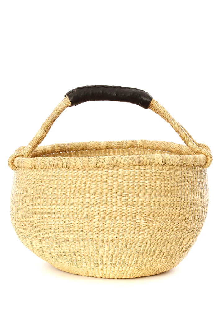 Khaki Elephant Grass Basket with Black Leather Handle