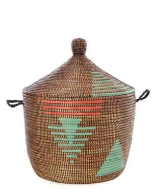 Red and Aqua Jamii Short Lidded Basket