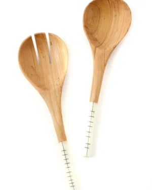 Wooden Salad Set with Etched Bone Handles